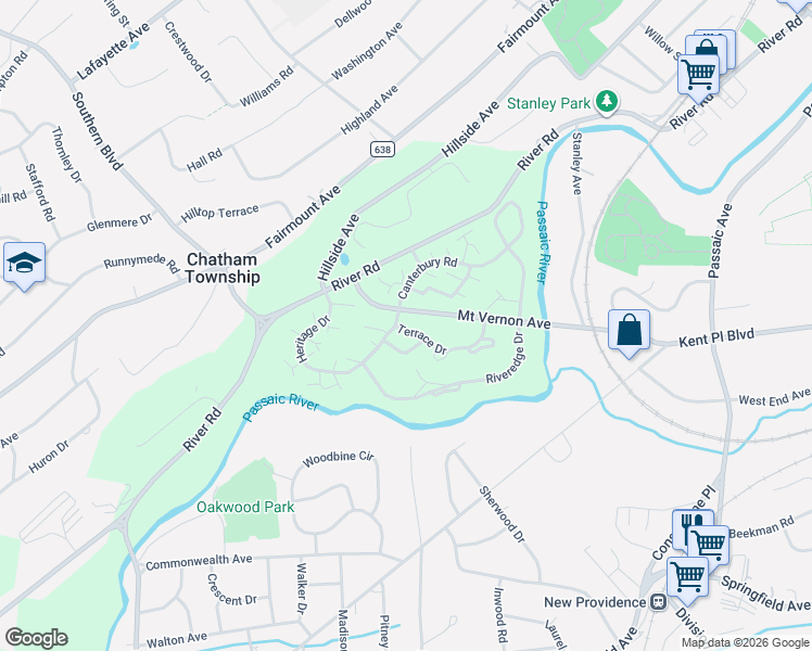 map of restaurants, bars, coffee shops, grocery stores, and more near 2 Terrace Drive in Chatham Township