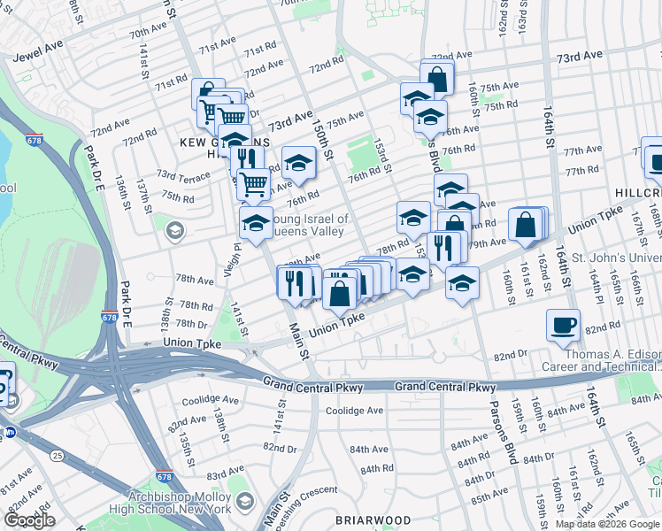 map of restaurants, bars, coffee shops, grocery stores, and more near 147-35 78th Road in Queens