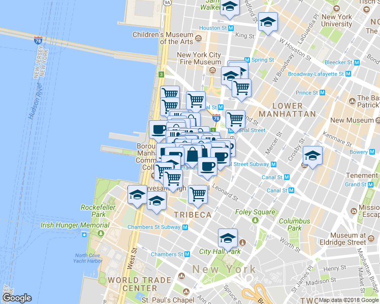 map of restaurants, bars, coffee shops, grocery stores, and more near 129w Hudson Street in New York