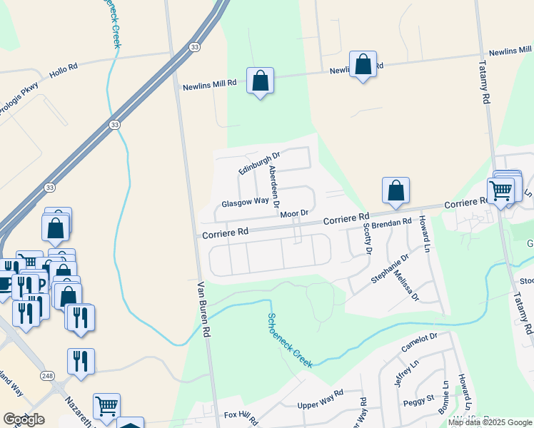 map of restaurants, bars, coffee shops, grocery stores, and more near 76 Moor Drive in Easton