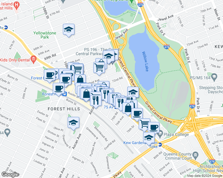 map of restaurants, bars, coffee shops, grocery stores, and more near 72nd Drive in Queens