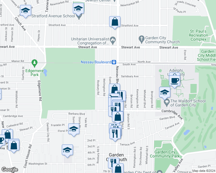 map of restaurants, bars, coffee shops, grocery stores, and more near 38 Euston Road in Garden City