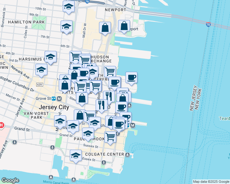 map of restaurants, bars, coffee shops, grocery stores, and more near 200 Greene Street in Jersey City