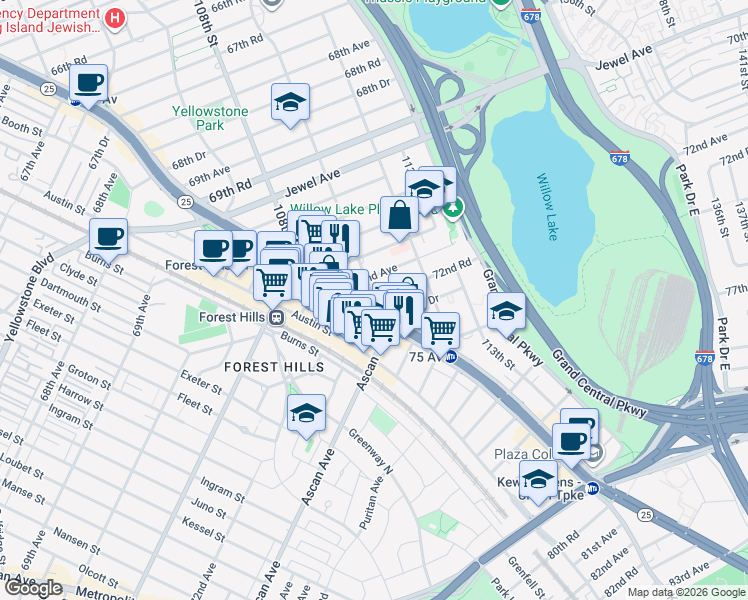 map of restaurants, bars, coffee shops, grocery stores, and more near 110th St & 72nd Rd in Queens