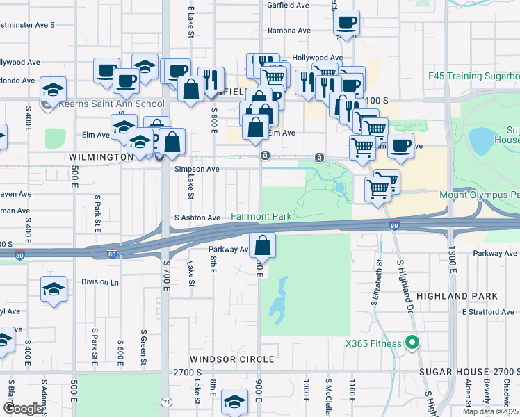 map of restaurants, bars, coffee shops, grocery stores, and more near 2320 900 East in Salt Lake City