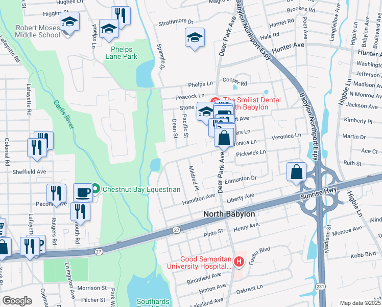map of restaurants, bars, coffee shops, grocery stores, and more near 31 Brookside Avenue in North Babylon