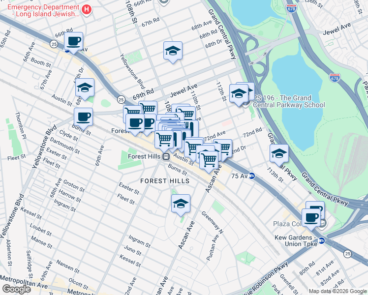 map of restaurants, bars, coffee shops, grocery stores, and more near 107-23 71st Road in Queens