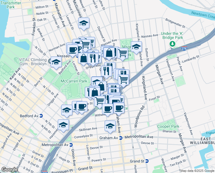map of restaurants, bars, coffee shops, grocery stores, and more near 132 Newton Street in Brooklyn