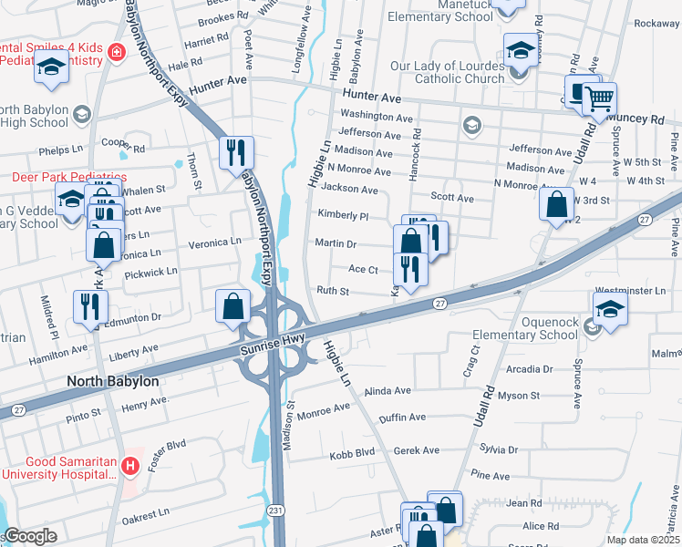 map of restaurants, bars, coffee shops, grocery stores, and more near 54 Ace Court in West Islip
