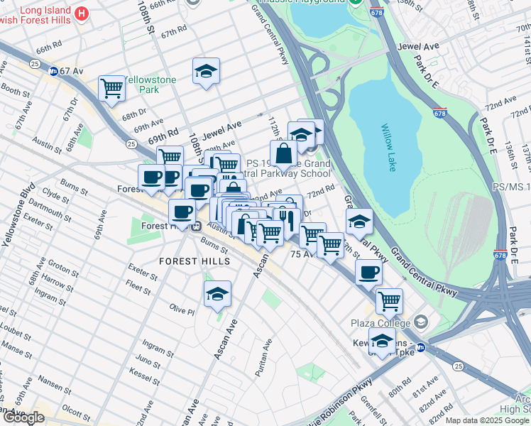 map of restaurants, bars, coffee shops, grocery stores, and more near 110-55 72nd Road in Queens