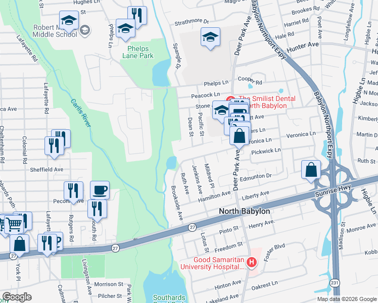 map of restaurants, bars, coffee shops, grocery stores, and more near 24 Espie Lane in North Babylon