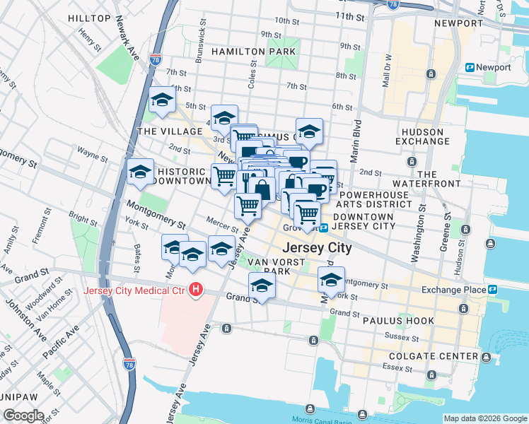map of restaurants, bars, coffee shops, grocery stores, and more near 167 Christopher Columbus Drive in Jersey City