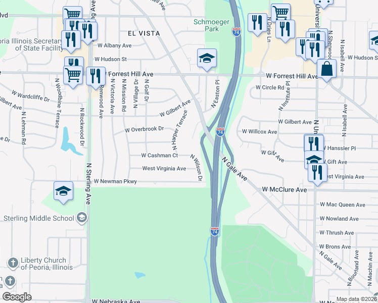 map of restaurants, bars, coffee shops, grocery stores, and more near 1917 West Cashman Court in Peoria