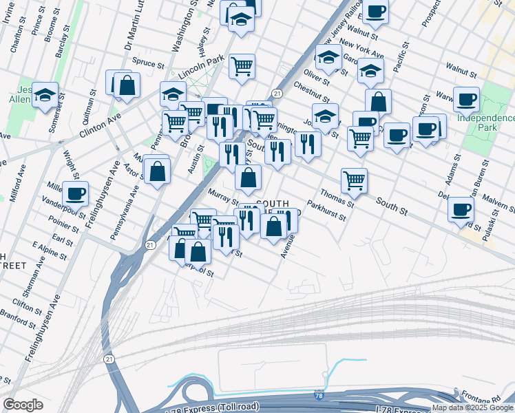 map of restaurants, bars, coffee shops, grocery stores, and more near 192 Murray Street in Newark