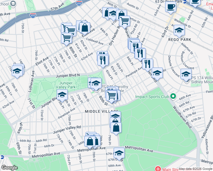 map of restaurants, bars, coffee shops, grocery stores, and more near in Queens