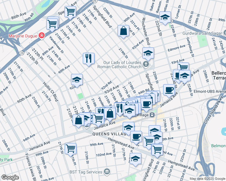 map of restaurants, bars, coffee shops, grocery stores, and more near 93-01 215th Place in Queens