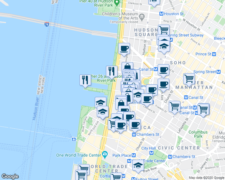 map of restaurants, bars, coffee shops, grocery stores, and more near 225 North Moore Street in New York