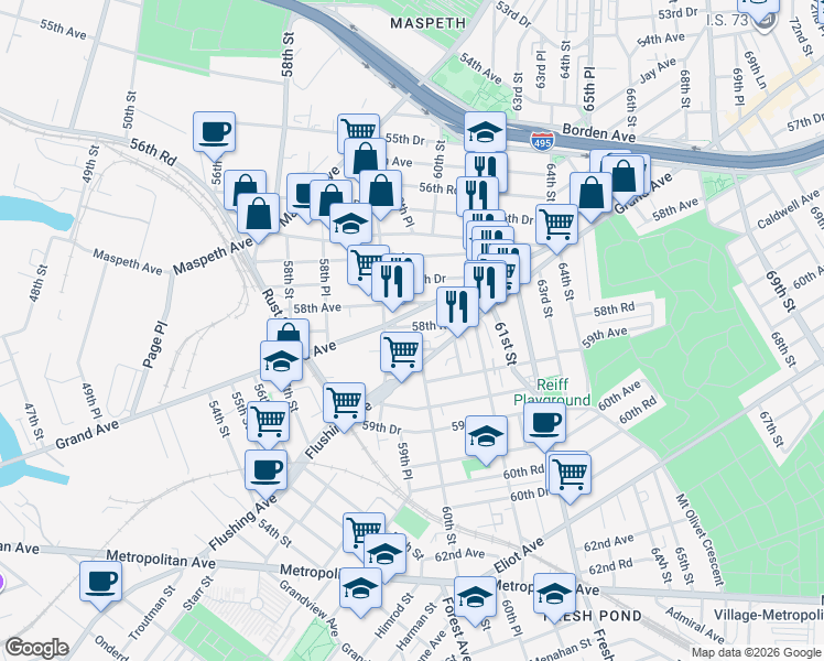 map of restaurants, bars, coffee shops, grocery stores, and more near 59-49 58th Road in Queens