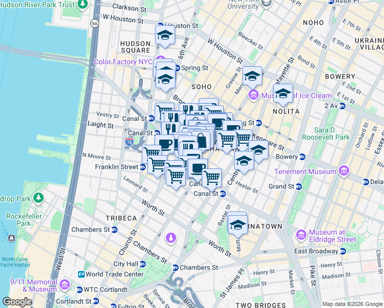 map of restaurants, bars, coffee shops, grocery stores, and more near 7 Mercer Street in New York