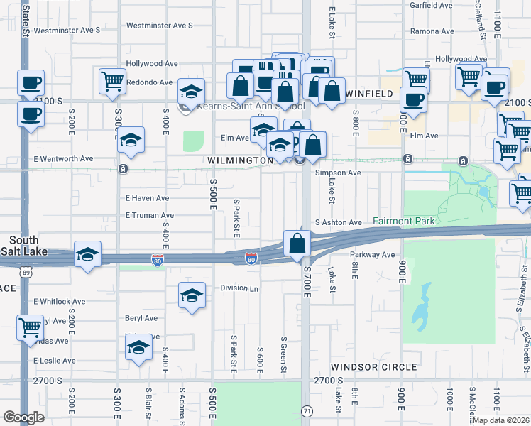 map of restaurants, bars, coffee shops, grocery stores, and more near 2321 South 600 East in Salt Lake City