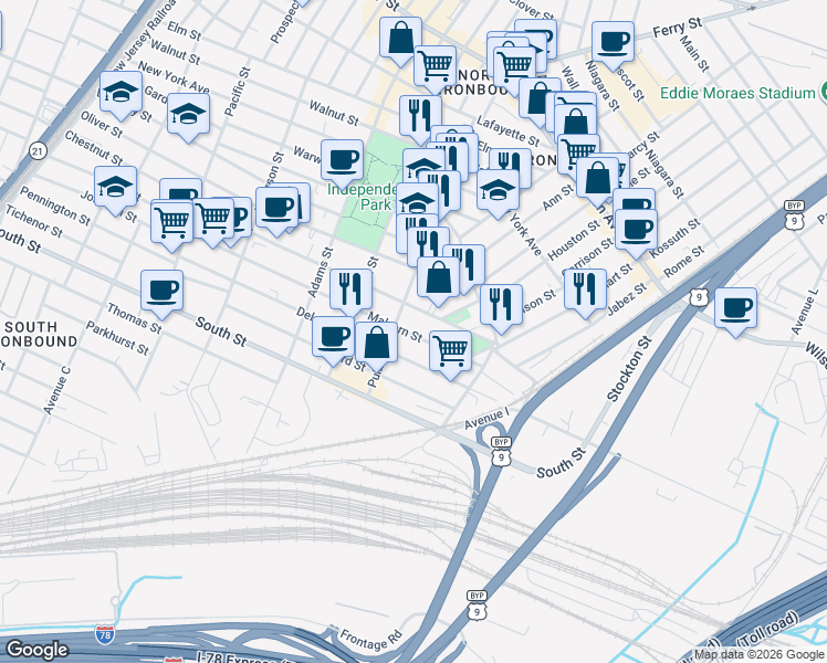 map of restaurants, bars, coffee shops, grocery stores, and more near 407 Chestnut Street in Newark