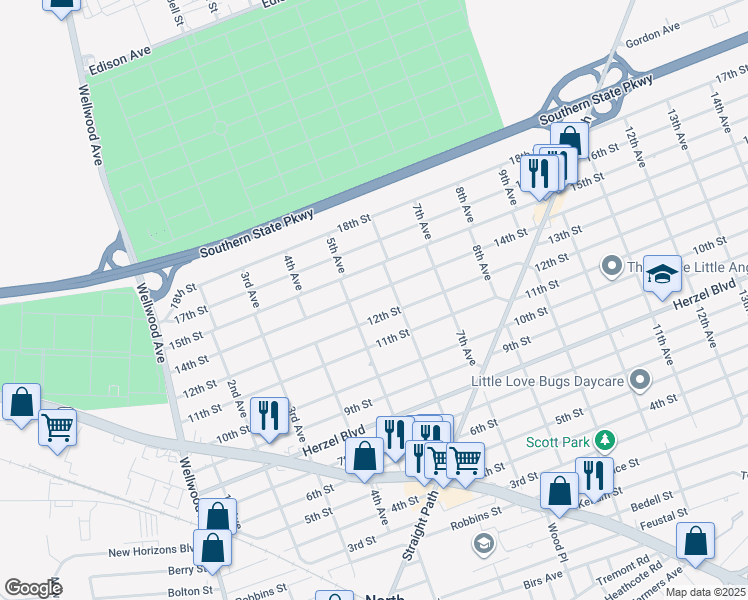 map of restaurants, bars, coffee shops, grocery stores, and more near 523 14th Street in West Babylon