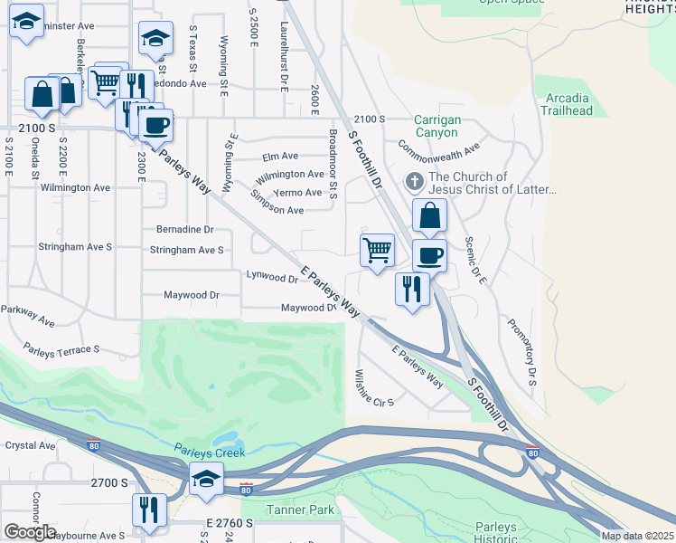 map of restaurants, bars, coffee shops, grocery stores, and more near 2665 East Parleys Way in Salt Lake City
