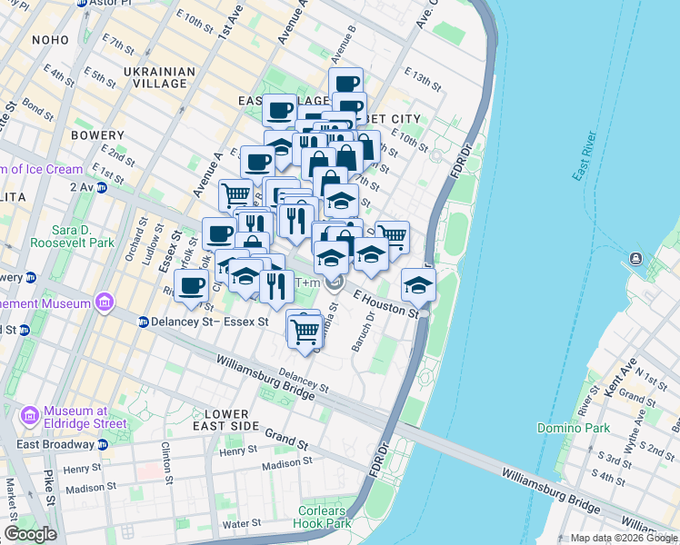 map of restaurants, bars, coffee shops, grocery stores, and more near 310 East 2nd Street in New York