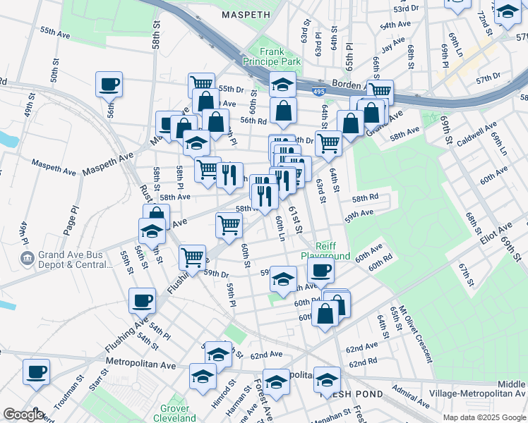 map of restaurants, bars, coffee shops, grocery stores, and more near 60-78 Flushing Avenue in Queens