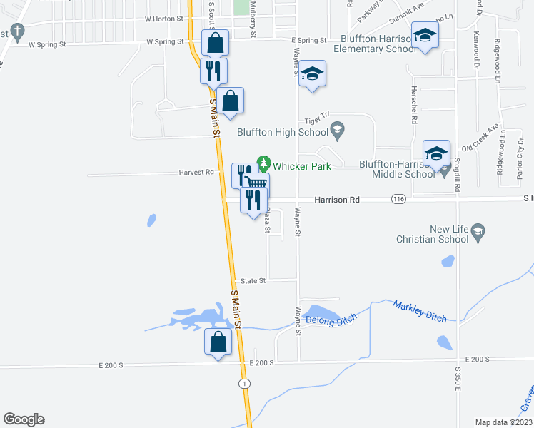 map of restaurants, bars, coffee shops, grocery stores, and more near 1550 Plaza Street in Bluffton