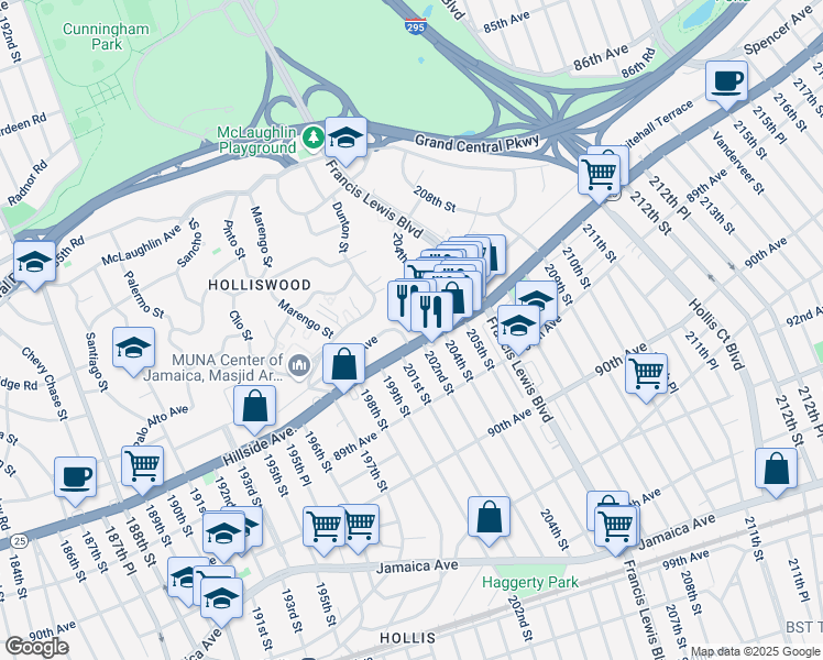 map of restaurants, bars, coffee shops, grocery stores, and more near 87-83 202nd Street in Queens