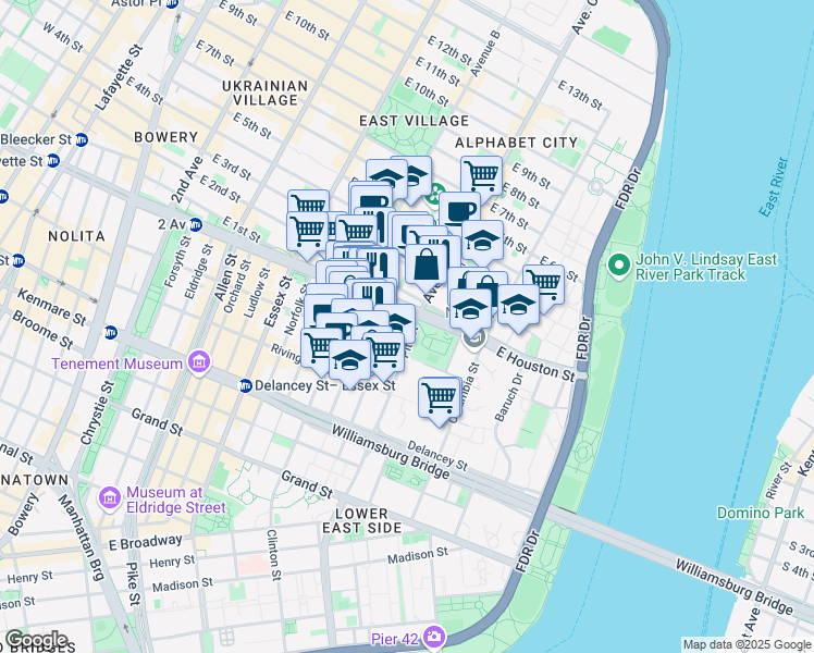 map of restaurants, bars, coffee shops, grocery stores, and more near 133 Pitt Street in New York
