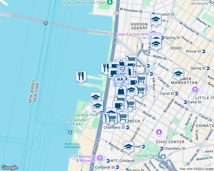 map of restaurants, bars, coffee shops, grocery stores, and more near 225 North Moore Street in New York
