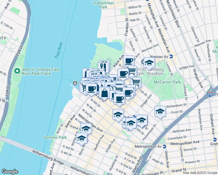 map of restaurants, bars, coffee shops, grocery stores, and more near 144 Wythe Avenue in Brooklyn