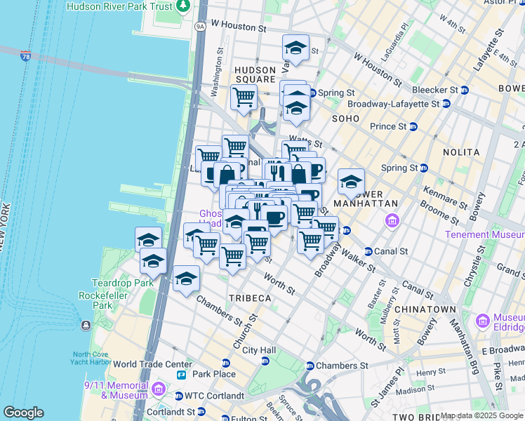 map of restaurants, bars, coffee shops, grocery stores, and more near 14 Ericsson Place in New York