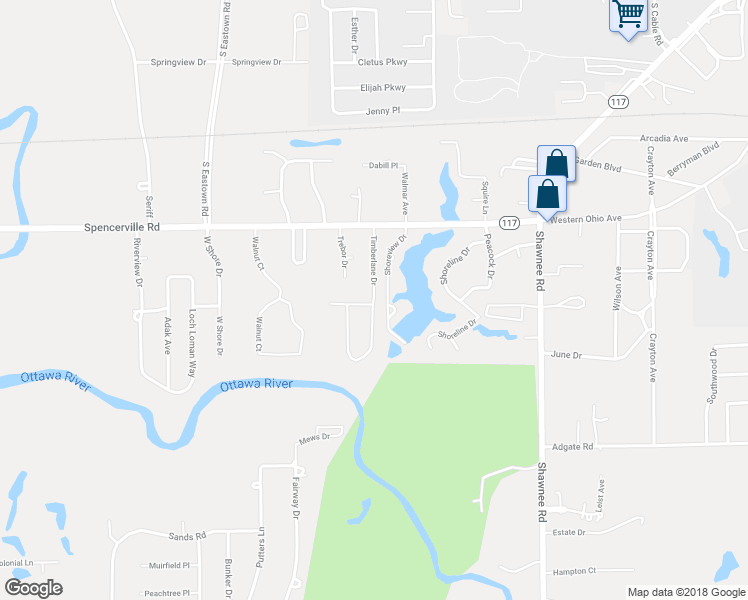 map of restaurants, bars, coffee shops, grocery stores, and more near 1301 Timberlane Drive in Lima
