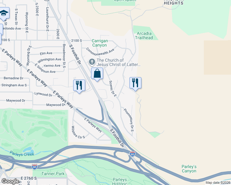 map of restaurants, bars, coffee shops, grocery stores, and more near 2355 Scenic Drive East in Salt Lake City
