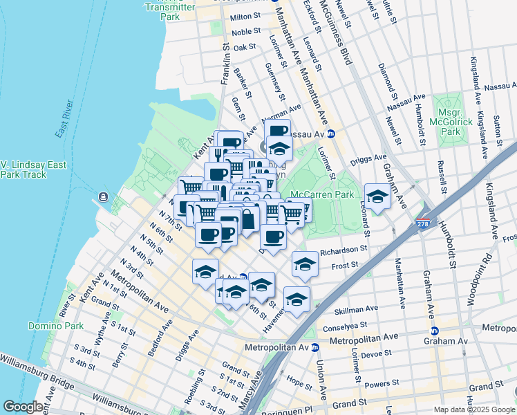 map of restaurants, bars, coffee shops, grocery stores, and more near 106 Bedford Avenue in Brooklyn