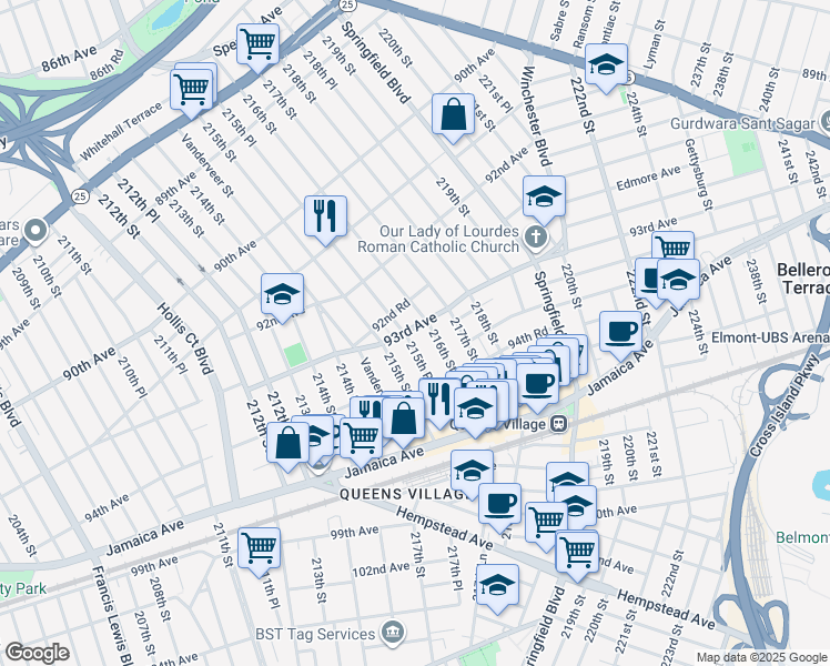 map of restaurants, bars, coffee shops, grocery stores, and more near 215-28 93rd Avenue in Queens