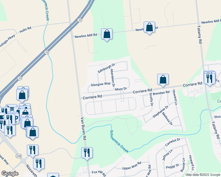 map of restaurants, bars, coffee shops, grocery stores, and more near 74 Moor Drive in Easton