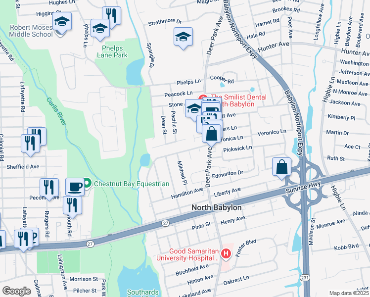 map of restaurants, bars, coffee shops, grocery stores, and more near 31 Brookside Avenue in North Babylon