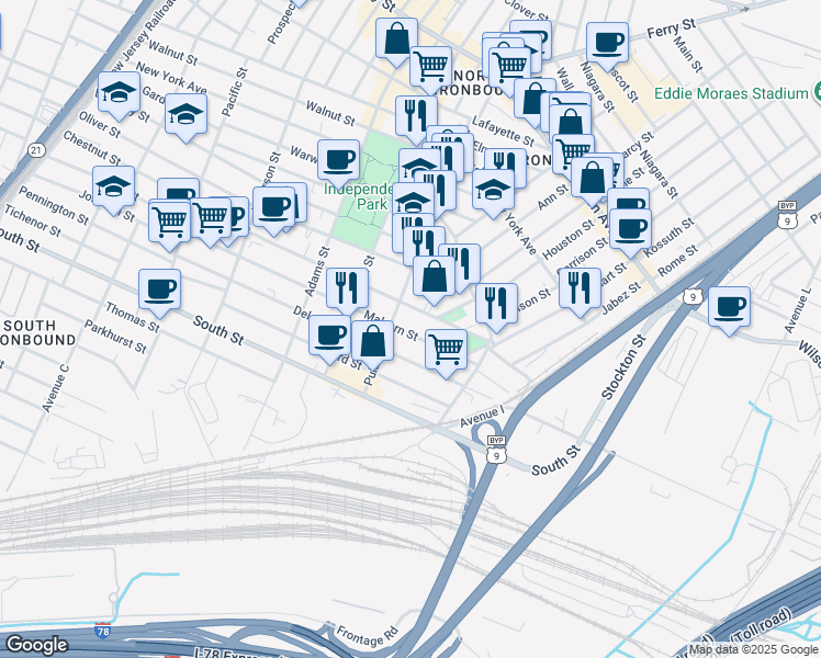 map of restaurants, bars, coffee shops, grocery stores, and more near 407 Chestnut Street in Newark