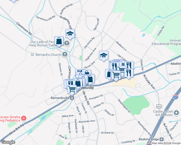 map of restaurants, bars, coffee shops, grocery stores, and more near 14 Wesley Avenue in Bernardsville