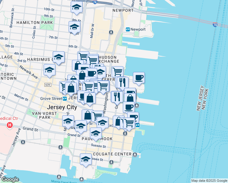 map of restaurants, bars, coffee shops, grocery stores, and more near 80 Bay Street in Jersey City