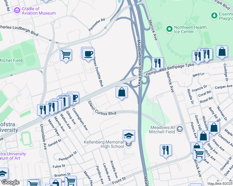 map of restaurants, bars, coffee shops, grocery stores, and more near 625 RXR Plaza in Uniondale