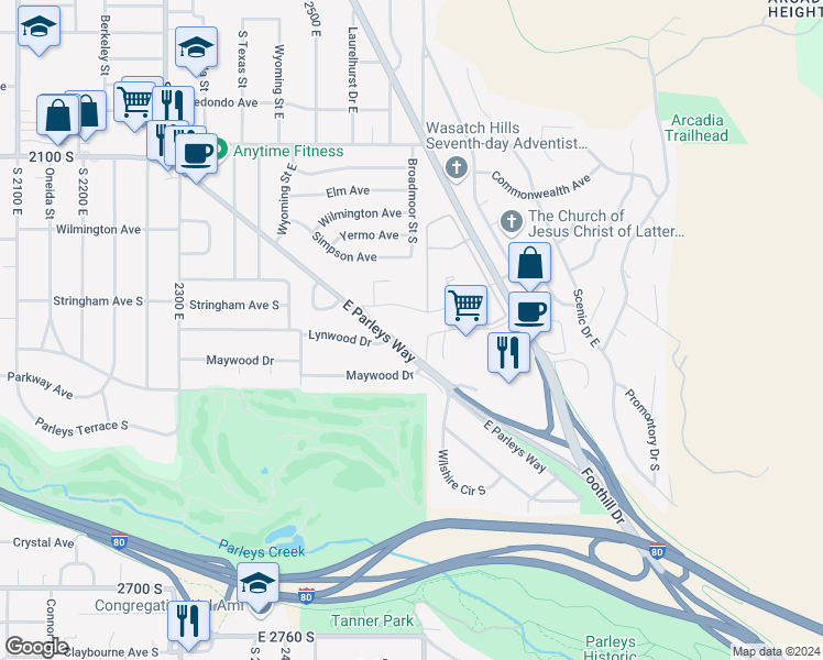 map of restaurants, bars, coffee shops, grocery stores, and more near 2665 East Parleys Way in Salt Lake City