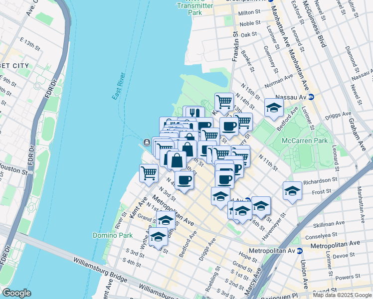 map of restaurants, bars, coffee shops, grocery stores, and more near 111 Kent Avenue in Brooklyn