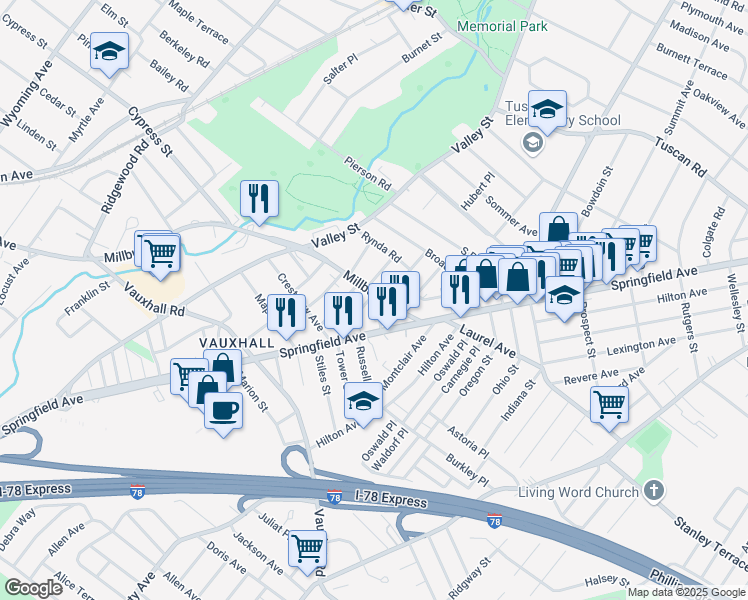 map of restaurants, bars, coffee shops, grocery stores, and more near 5 Manley Terrace in Maplewood