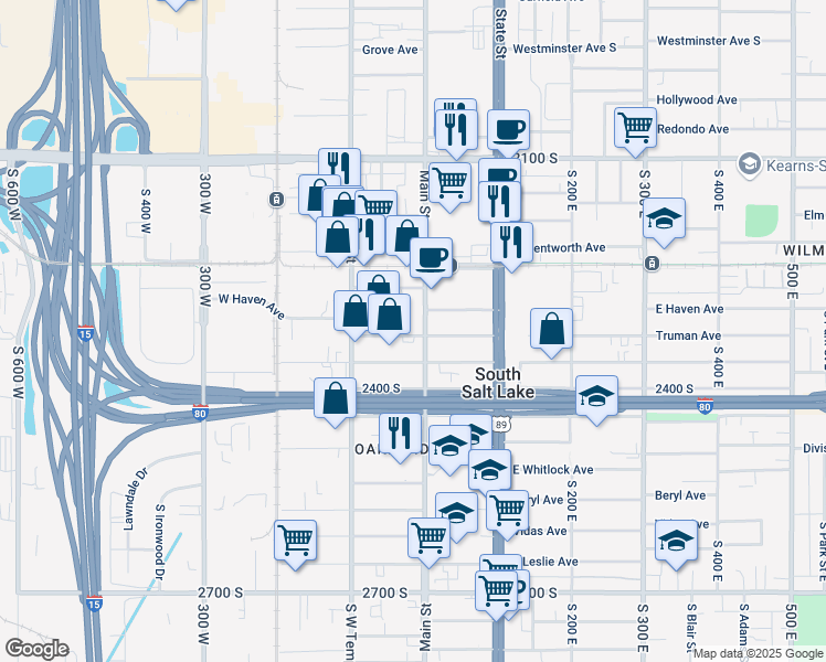 map of restaurants, bars, coffee shops, grocery stores, and more near 2301 South Main Street in South Salt Lake