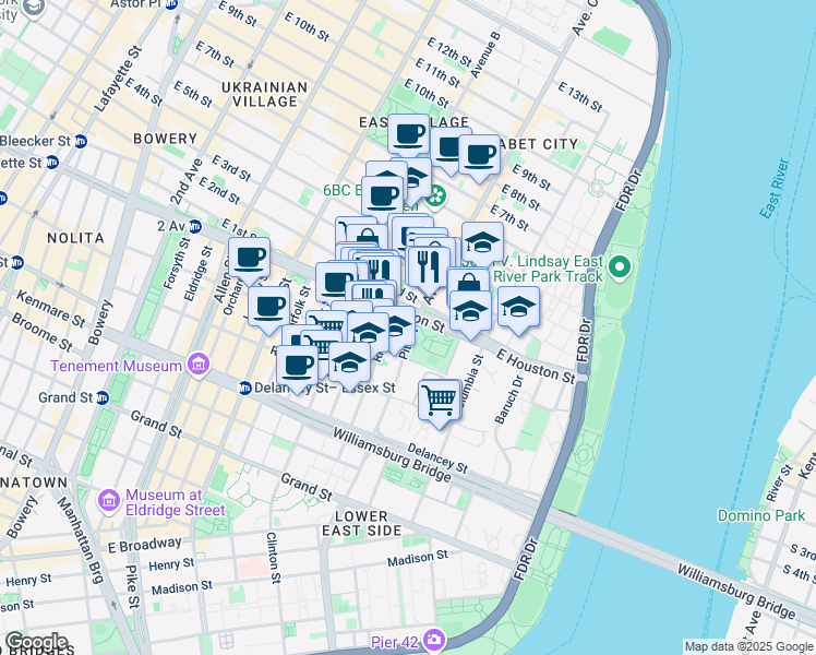 map of restaurants, bars, coffee shops, grocery stores, and more near 133 Pitt Street in New York